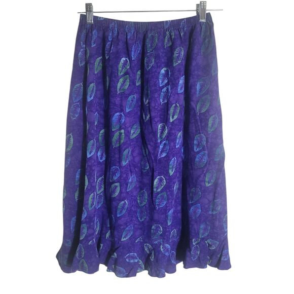 Peaceful People Botanical Leaf Print Midi Skirt Women's Large Purple Rayon Boho - Picture 2 of 7